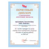 Ier prix au concours régional pour le titre de « La meilleure petite entreprise de la région Amourskaya » pour les résultats obtenus sur l’année 2008